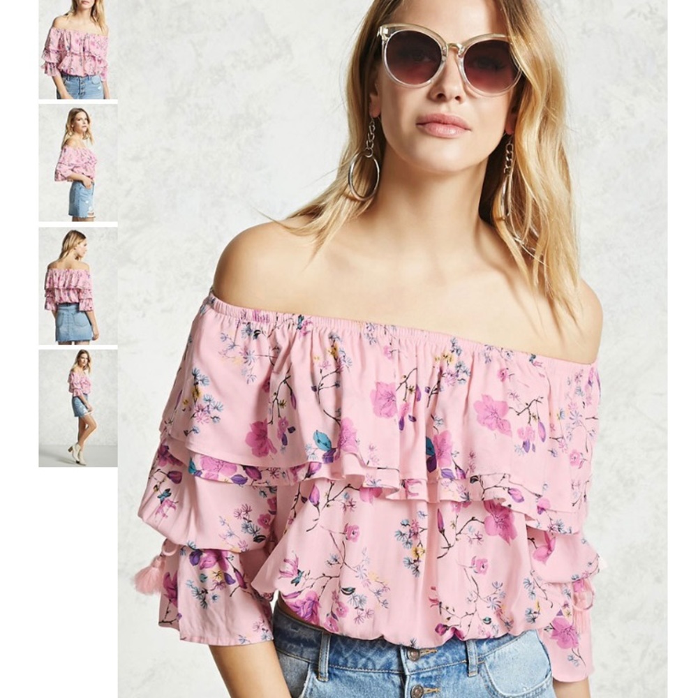 M-Bardot Floral Pink Print Flounce Sleeve Blouse
